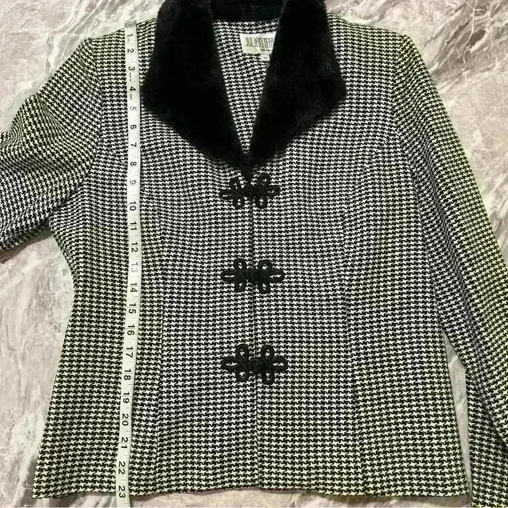 Julian Taylor Vintage Houndstooth Blazer With Faux Fur Collar Size 12 90s Black - Picture 5 of 14